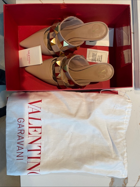 Valentino Garavani Shoes - Valentino Garavani Beige Pointed-Toe Rockstud Mule with Gold Studs